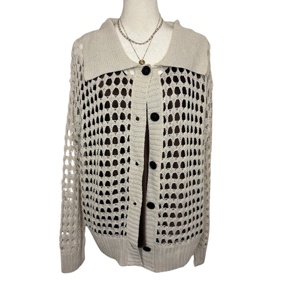 Open Knit Crochet Cardigan Cream Oversized Collar Size L